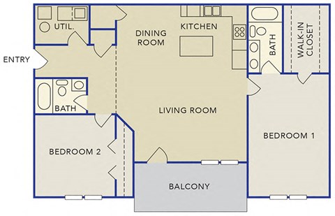 Floor plan for 2 beds, 2 baths, 1251 sqft